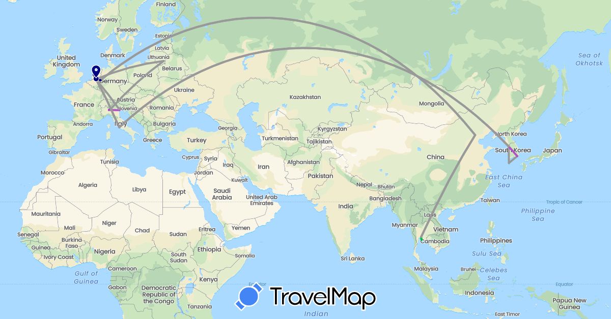 TravelMap itinerary: driving, bus, plane, train in China, Germany, Italy, South Korea, Lithuania, Netherlands, Thailand (Asia, Europe)